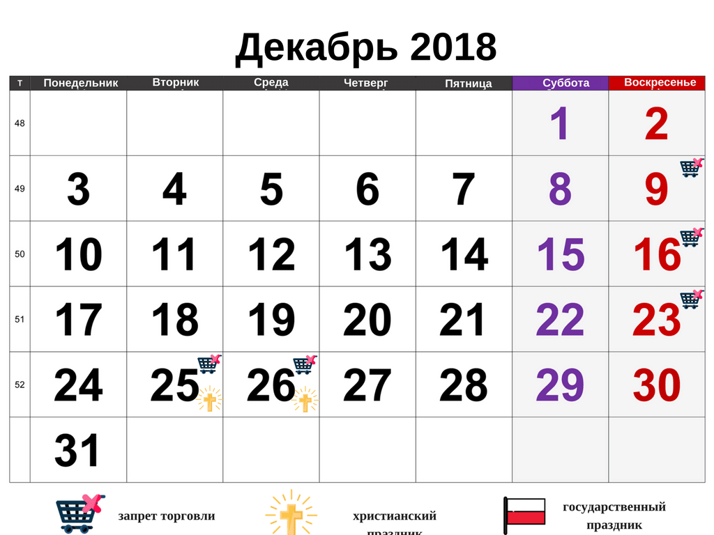 Выходные, праздники и свободные от торговли дни в Польше в декабре 2018