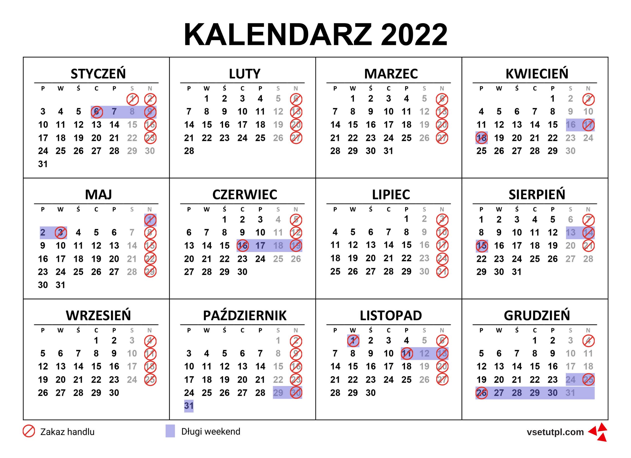 довгі вихідні та неторгові неділі в польщі 2022 календар