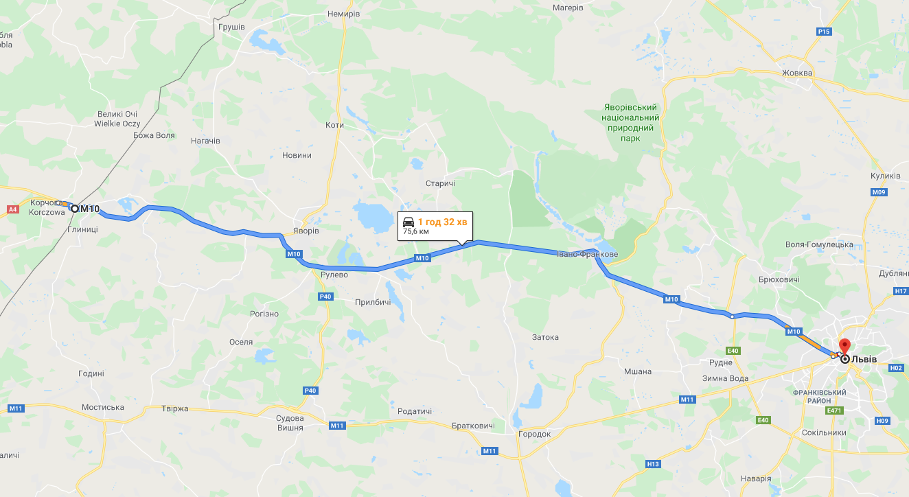 дорога Львов-Краковец карта