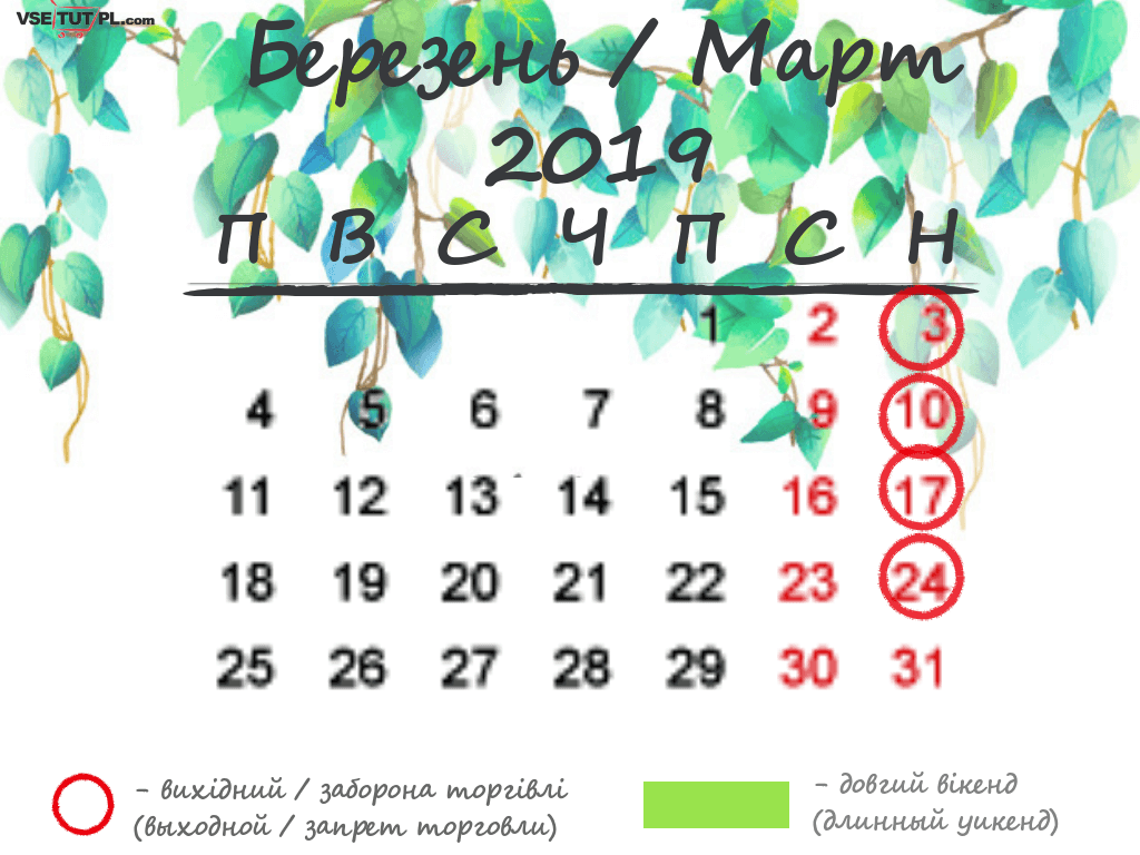 Вихідні, свята та вільні від торгівлі дні в Польщі в березні 2019