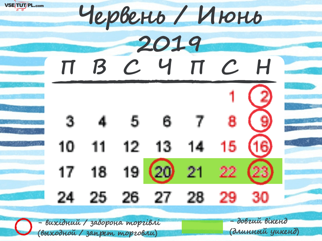 Вихідні, свята та вільні від торгівлі дні в Польщі в червні 2019