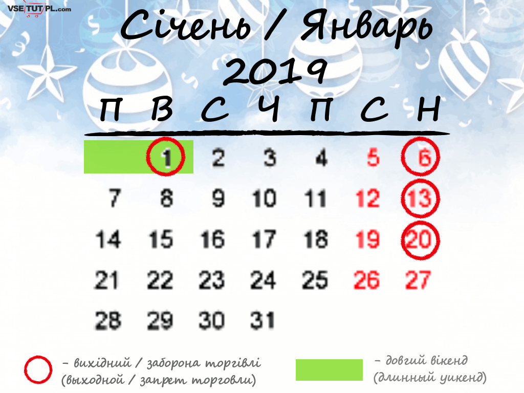 Вихідні, свята та вільні від торгівлі дні в Польщі в січні 2019