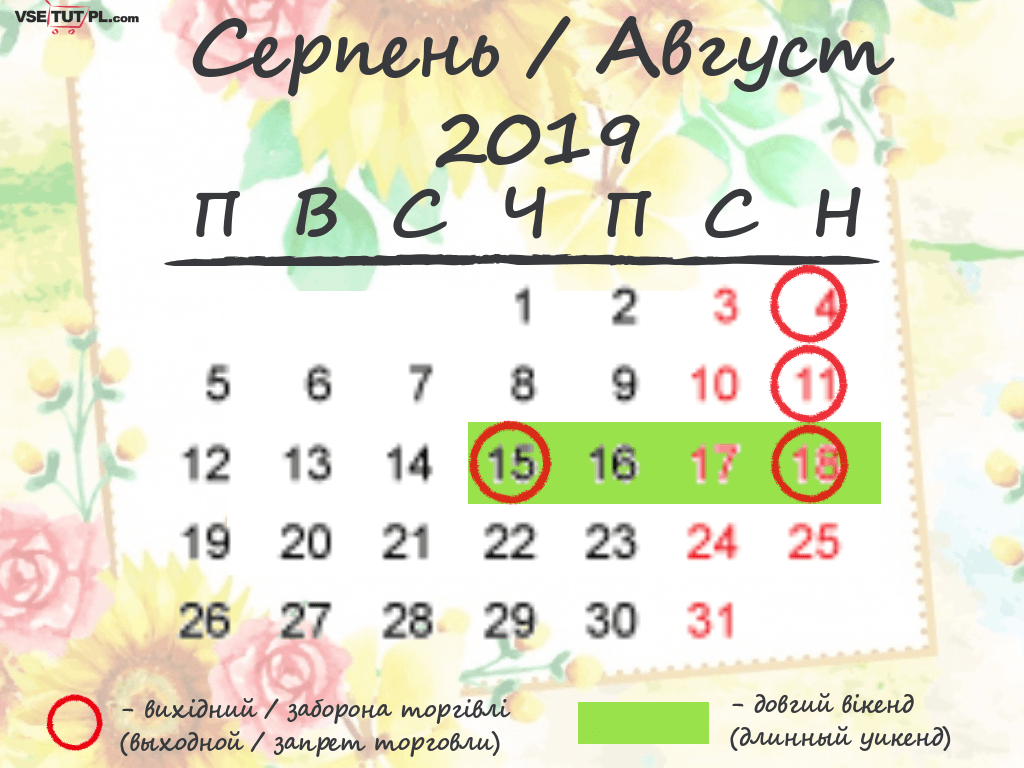 Вихідні, свята та вільні від торгівлі дні в Польщі в серпні 2019