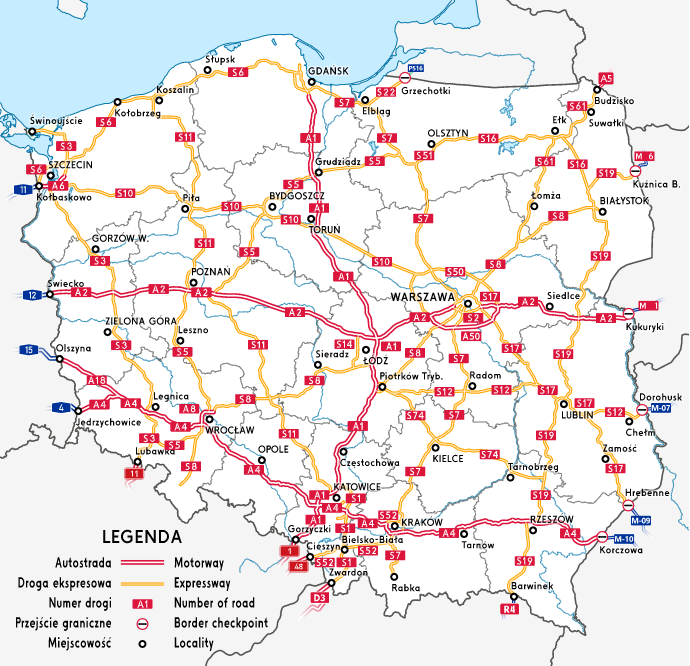 дороги в польше подробная карта 2021