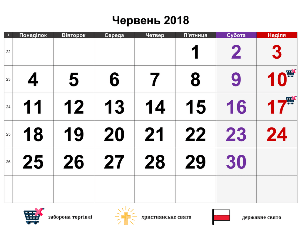 Вихідні, свята та вільні від торгівлі дні в Польщі в червні 2018