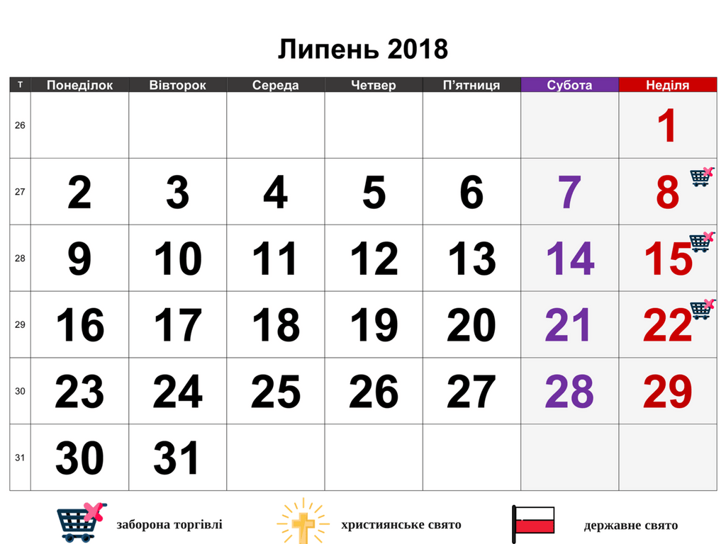 Вихідні, свята та вільні від торгівлі дні в Польщі в липні 2018