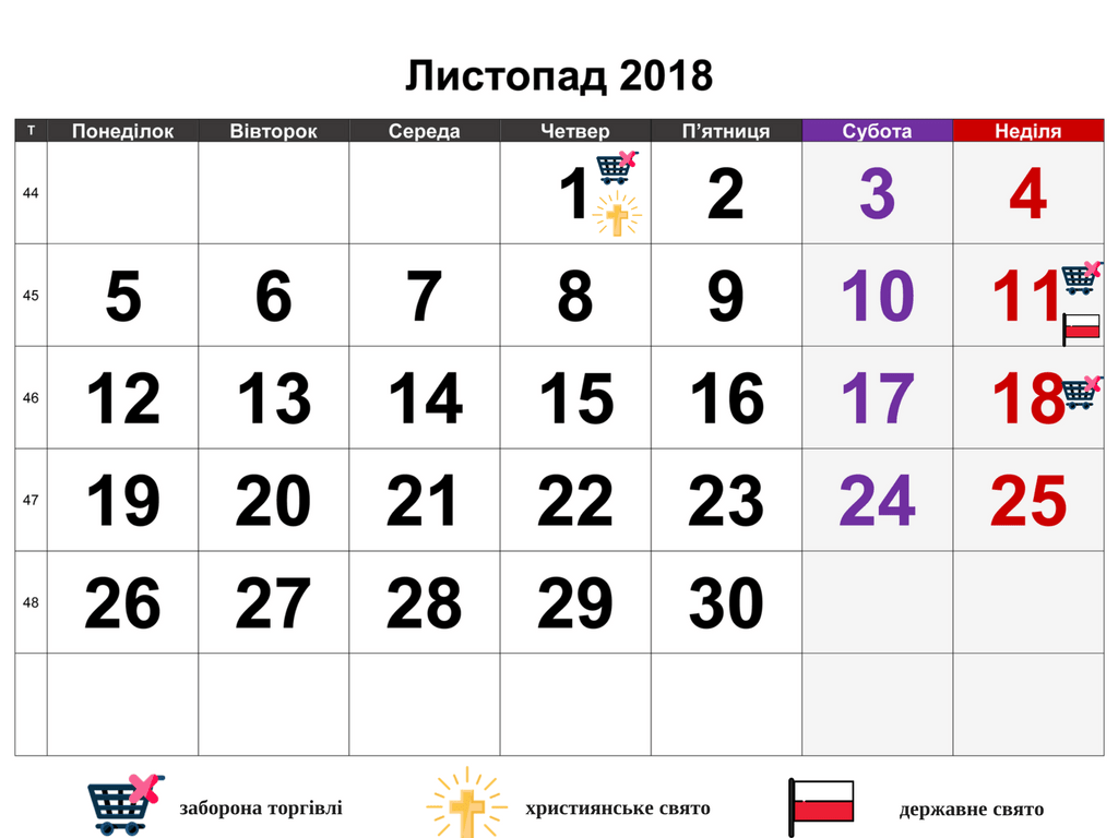 Вихідні, свята та вільні від торгівлі дні в Польщі в листопаді 2018