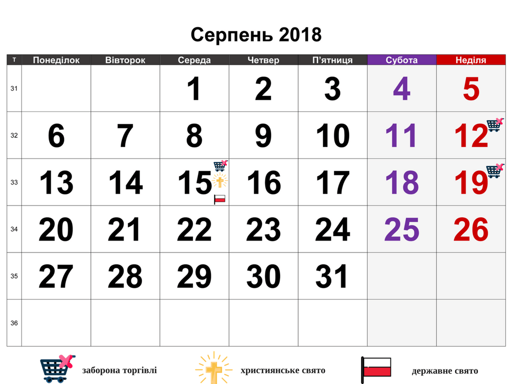 Вихідні, свята та вільні від торгівлі дні в Польщі в серпні 2018