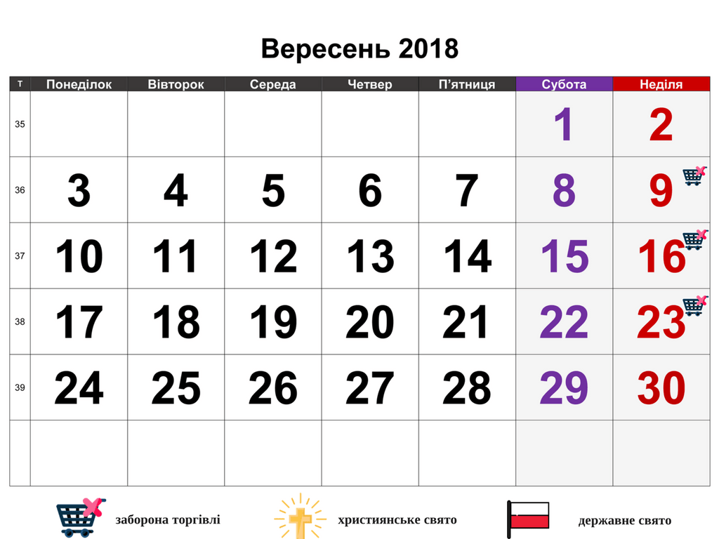 Вихідні, свята та вільні від торгівлі дні в Польщі у вересні 2018
