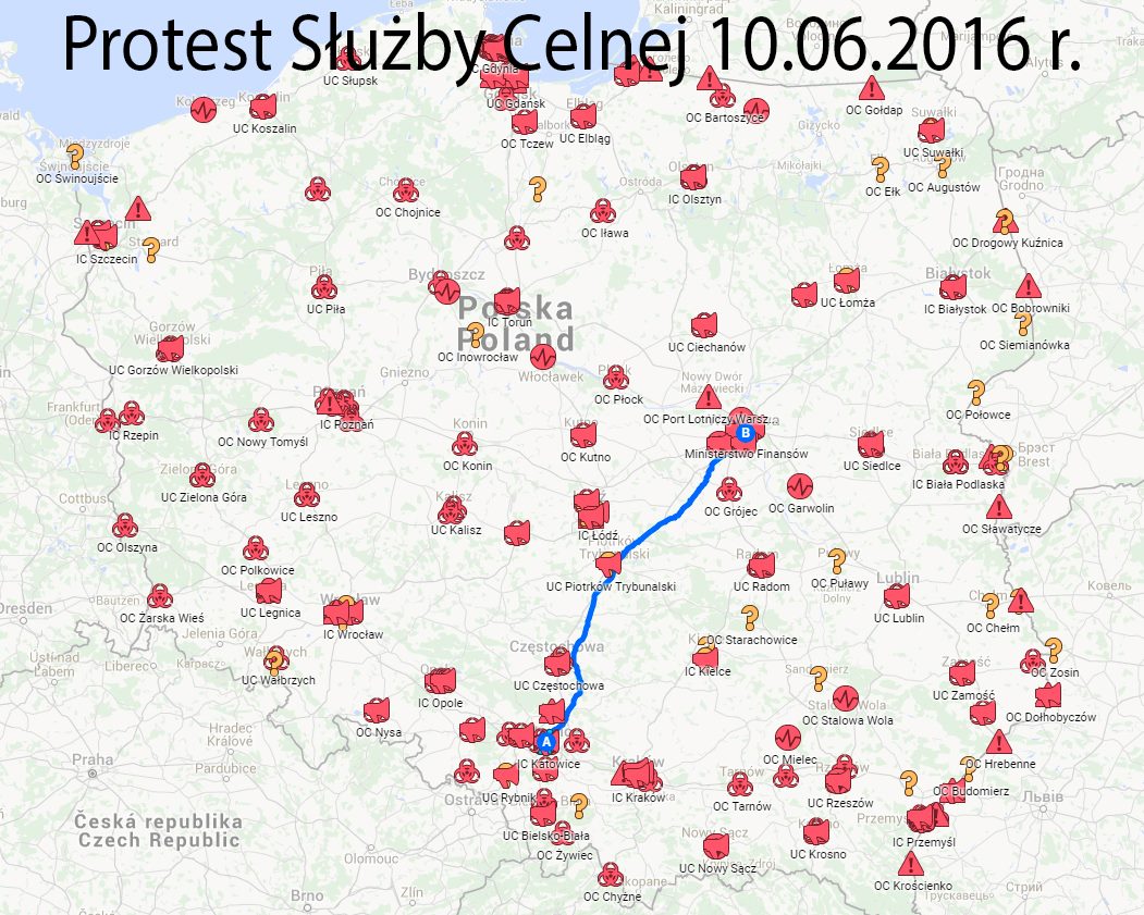 карта Польщі з протестами Митної Служби